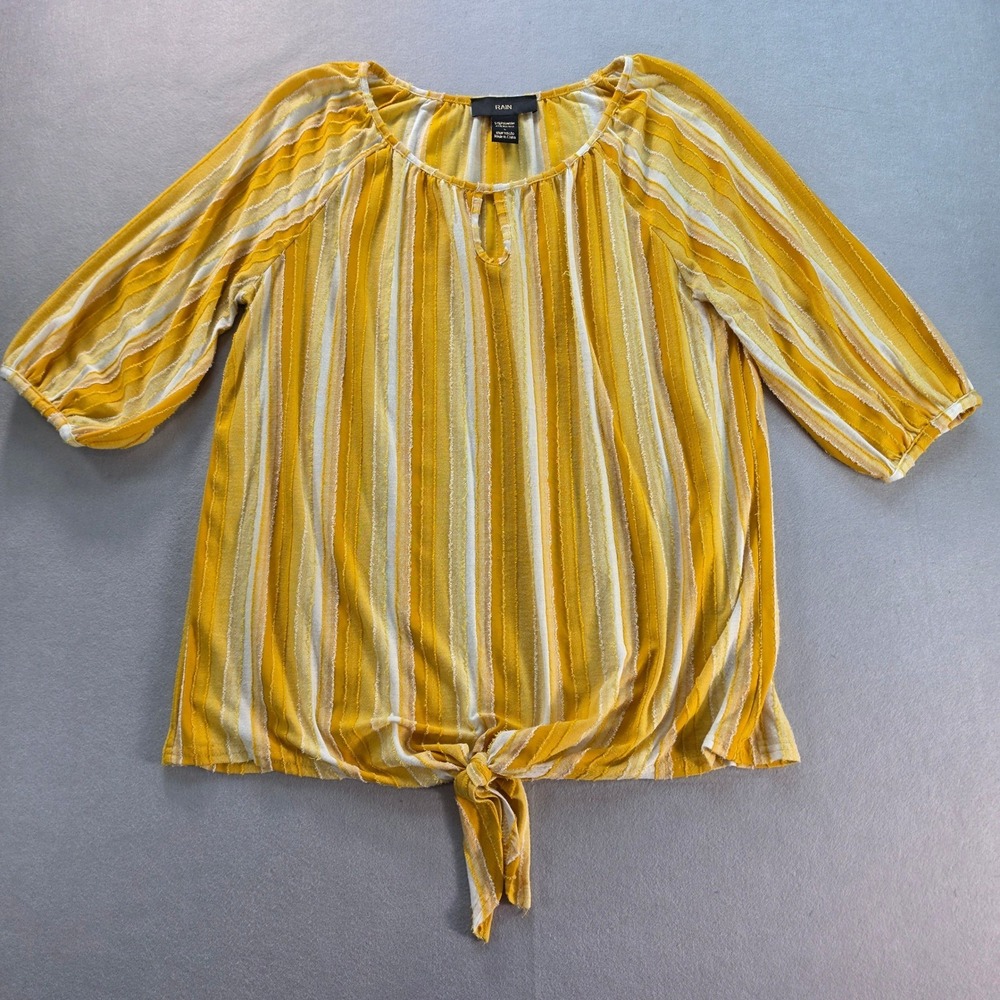 Rain Yellow White Striped Tie Front Blouse L Keyhole 3/4 Sleeve Peasant Top